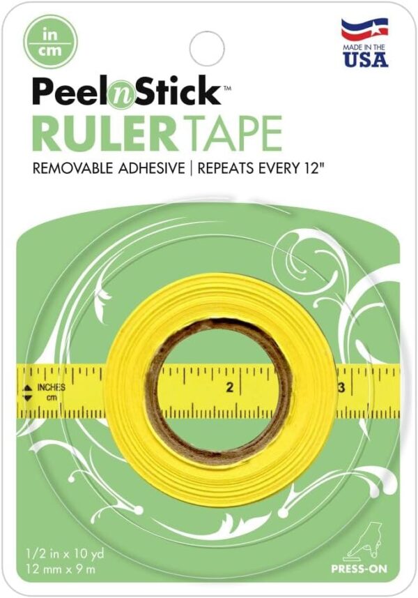 Peel & Stick Adhesive Ruler Tape – 12", Imperial & Metric, 1/2" x 10 Yards, Yellow