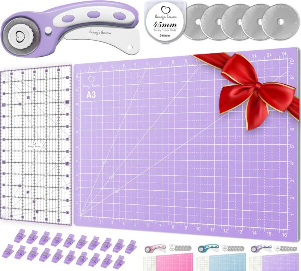 Rotary Cutter Set – 45mm Cutter, 5 Blades, A3 Mat, Ruler & Clips for Quilting, Sewing & Crafts