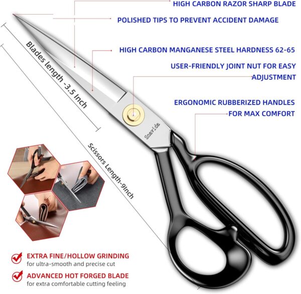 9" Heavy-Duty Fabric Scissors – Ultra Sharp Tailor Shears for Cloth, Leather & Multipurpose Use - Image 2