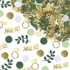 280-piece greenery set with sage green rings and "Mr & Mrs" confetti.