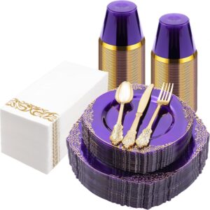 175-piece clear purple and gold disposable dinnerware set for twenty-five party guests.