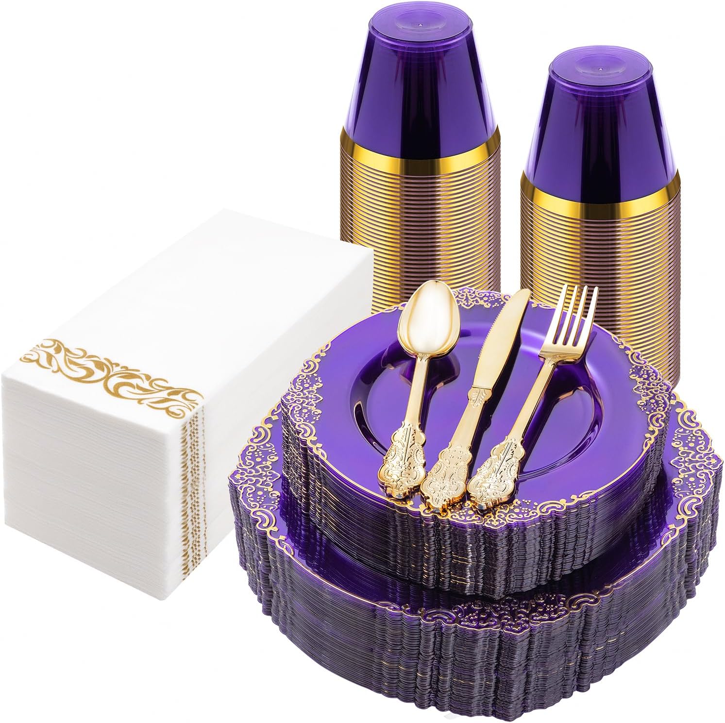 175-piece clear purple and gold disposable dinnerware set for twenty-five party guests.