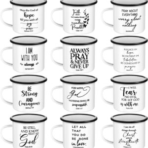 12-piece white enamel camping mugs with inspirational Bible verses and sturdy handles.