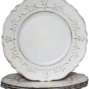 Six 13-inch white embossed plastic charger plates for elegant wedding and party decor.