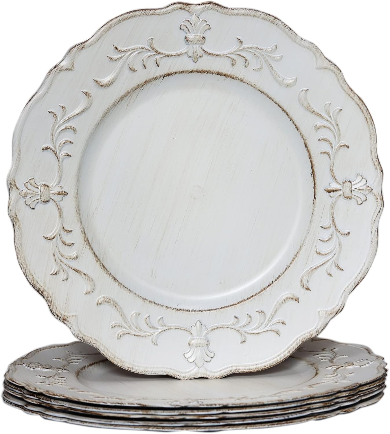 Six 13-inch white embossed plastic charger plates for elegant wedding and party decor.