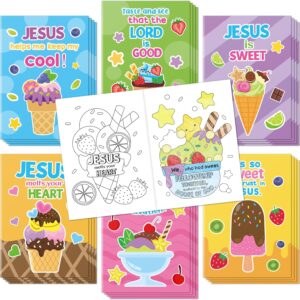 24 mini ice cream coloring books with Christian themes for Sunday school favors.