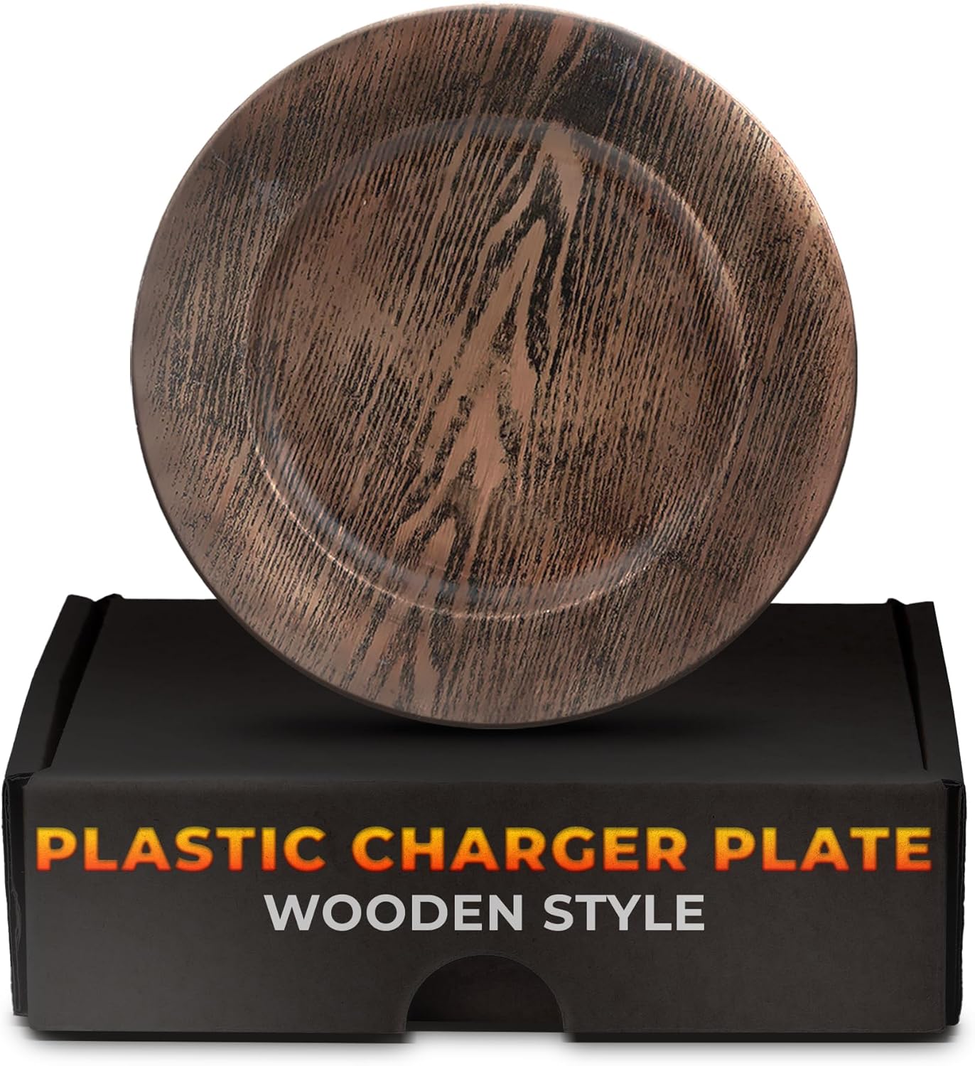 Four 13-inch faux wood plastic charger plates for rustic Easter and wedding decor.
