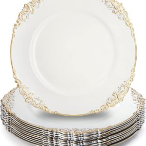 12 white floral-trimmed charger plates with gold rims for elegant wedding catering.