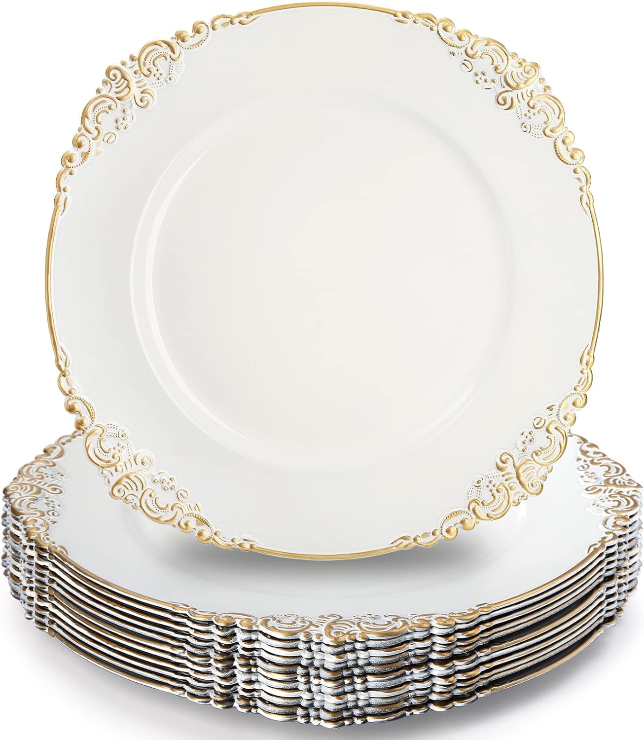 12 white floral-trimmed charger plates with gold rims for elegant wedding catering.