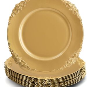 12 gold embossed charger plates for weddings, catering, and elegant dinner table settings.