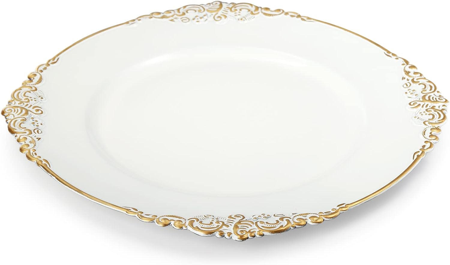 12 white floral-trimmed charger plates with gold rims for elegant wedding catering. - Image 3