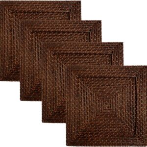 Four 13-inch brown square decorative charger plates for professional fine dining events.