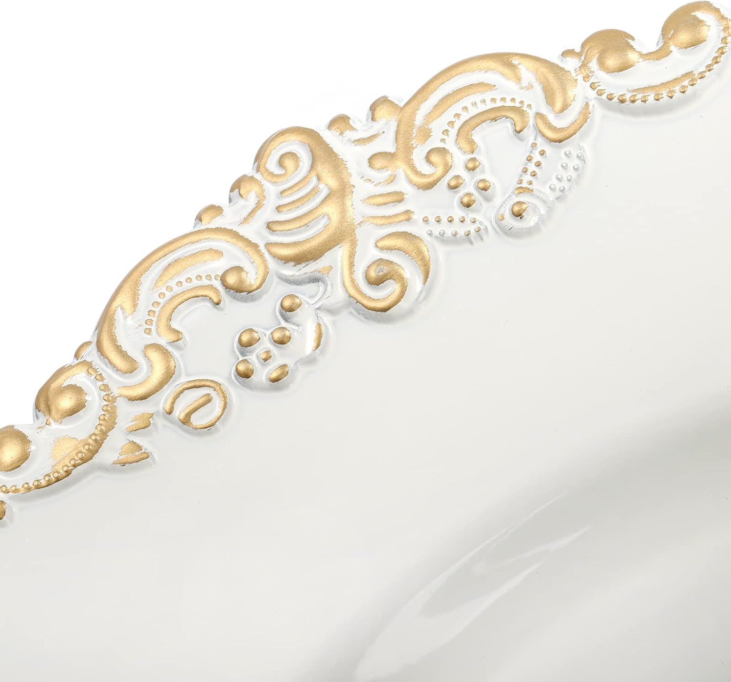 12 white floral-trimmed charger plates with gold rims for elegant wedding catering. - Image 4