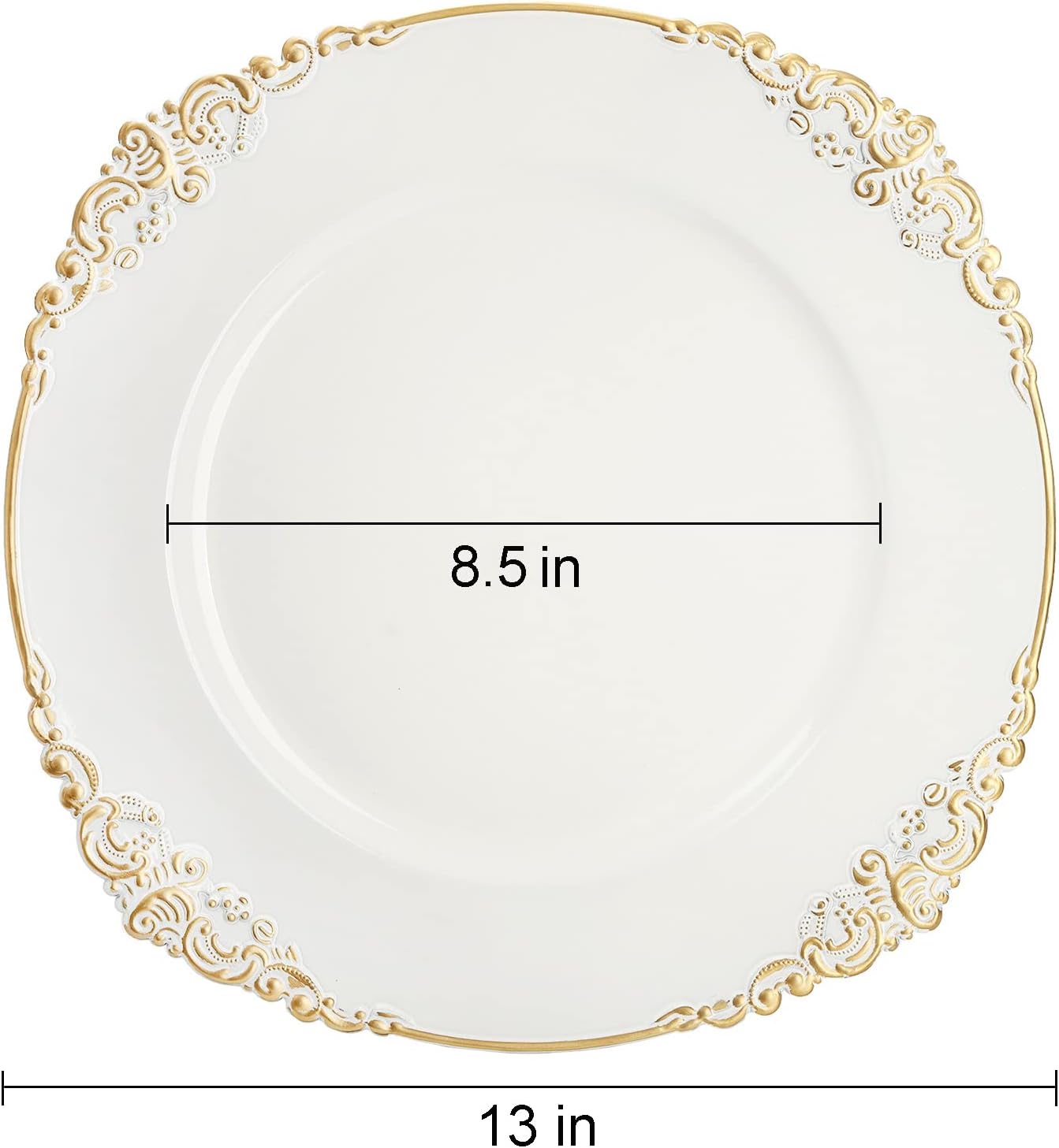 12 white floral-trimmed charger plates with gold rims for elegant wedding catering. - Image 2