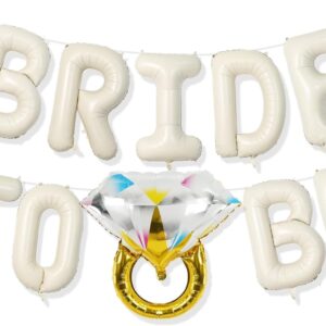 Beige bachelorette set with cream letter balloons and a diamond ring foil.