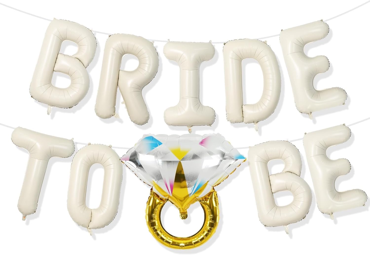 Beige bachelorette set with cream letter balloons and a diamond ring foil.