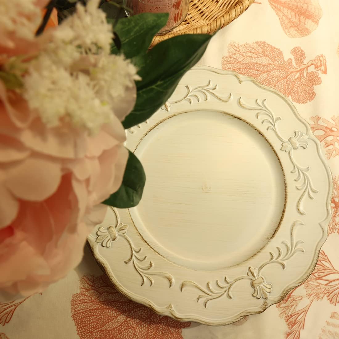 Six 13-inch white embossed plastic charger plates for elegant wedding and party decor. - Image 5