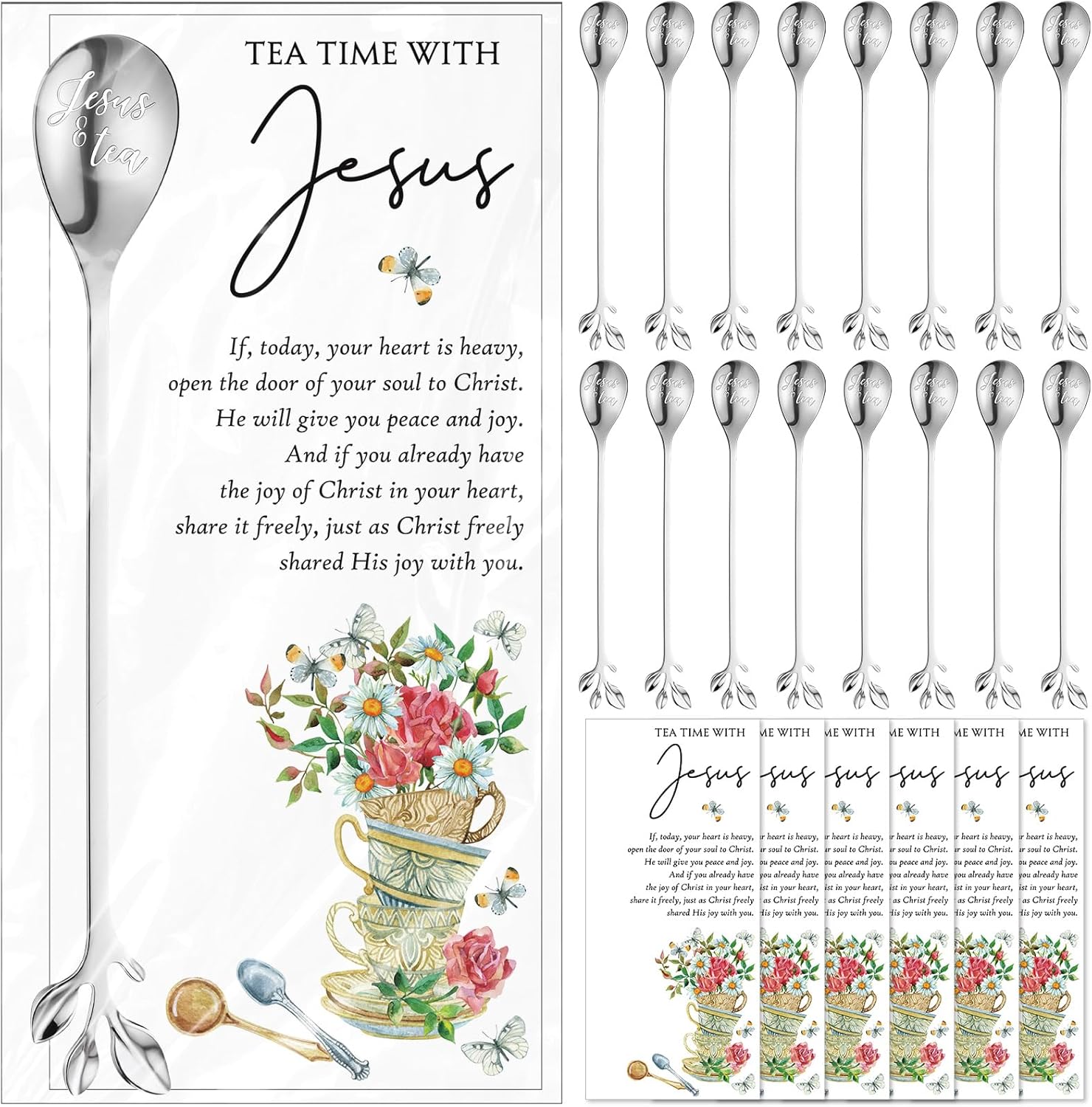 15 sets featuring religious teaspoons, prayer cards, and elegant coffee spoon souvenirs.