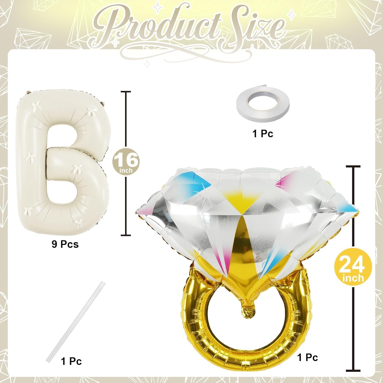 Beige bachelorette set with cream letter balloons and a diamond ring foil. - Image 3