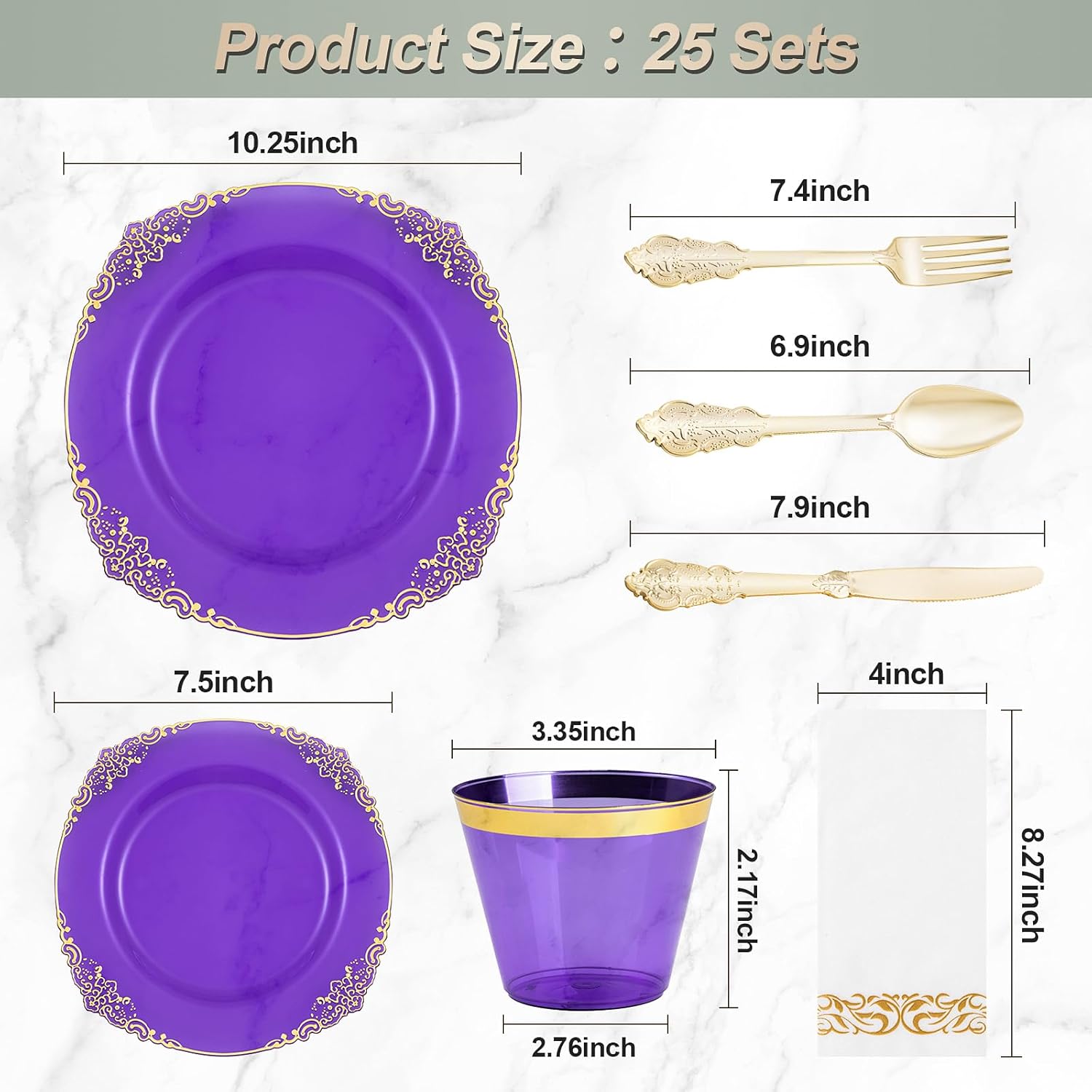 175-piece clear purple and gold disposable dinnerware set for twenty-five party guests. - Image 2