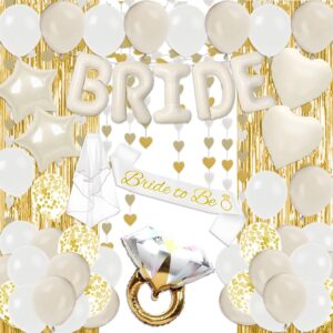 53-piece champagne gold bridal set with balloons, sash, veil, and foil curtains.