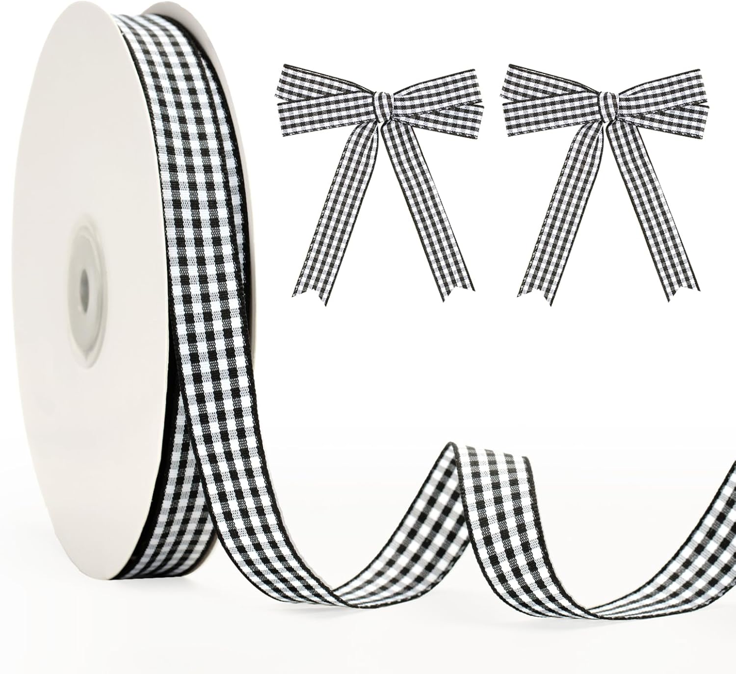 50-yard black and white buffalo plaid ribbon for Christmas gifts and crafts.
