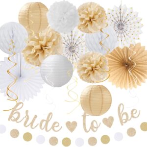 21-piece white and gold boho decor set with banners, lanterns, and pom poms.