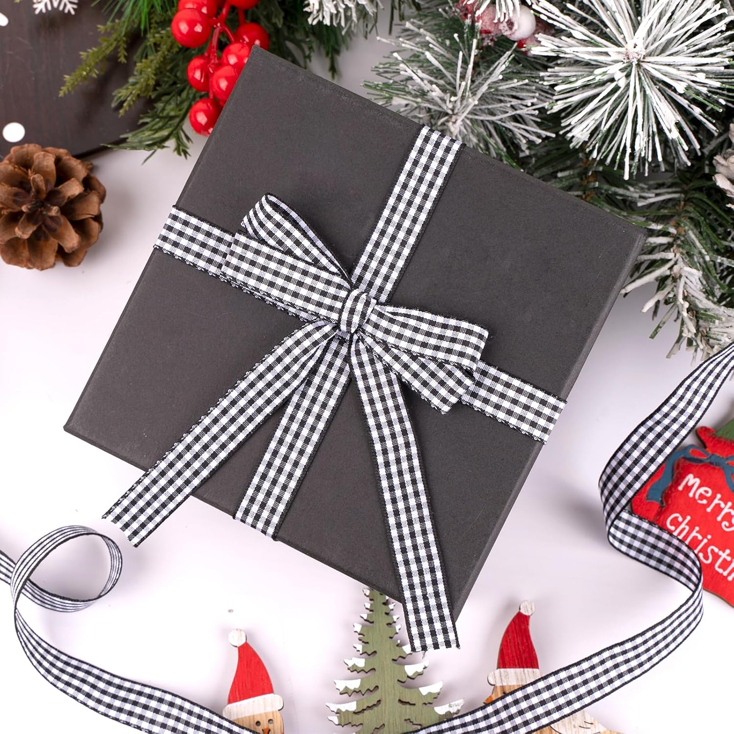 50-yard black and white buffalo plaid ribbon for Christmas gifts and crafts. - Image 5