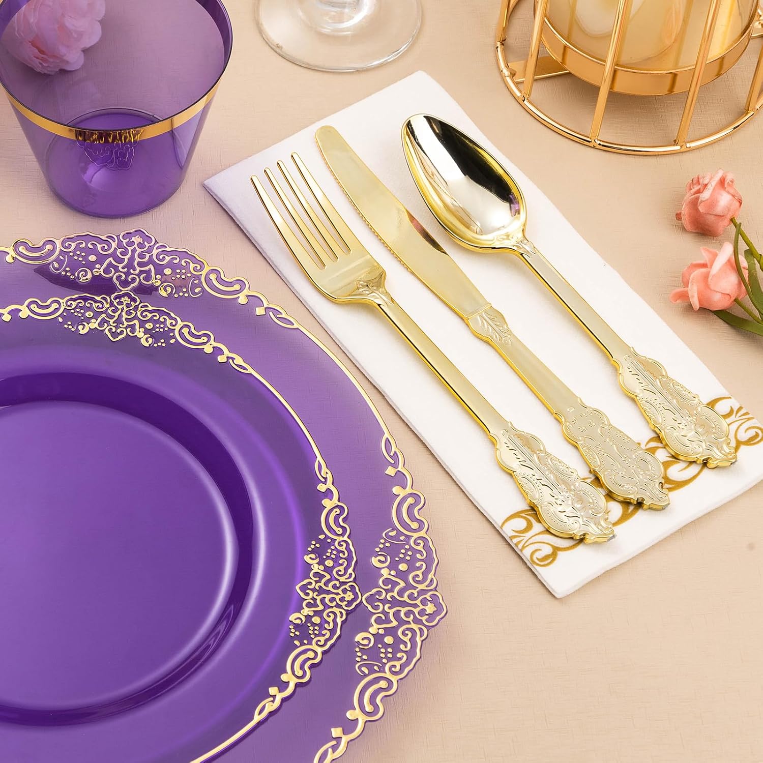 175-piece clear purple and gold disposable dinnerware set for twenty-five party guests. - Image 5