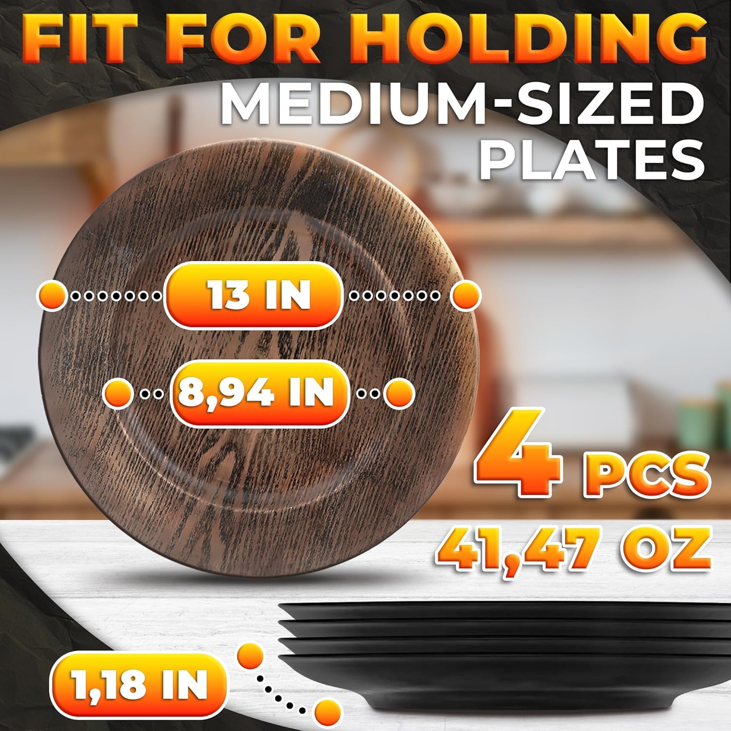 Four 13-inch faux wood plastic charger plates for rustic Easter and wedding decor. - Image 3