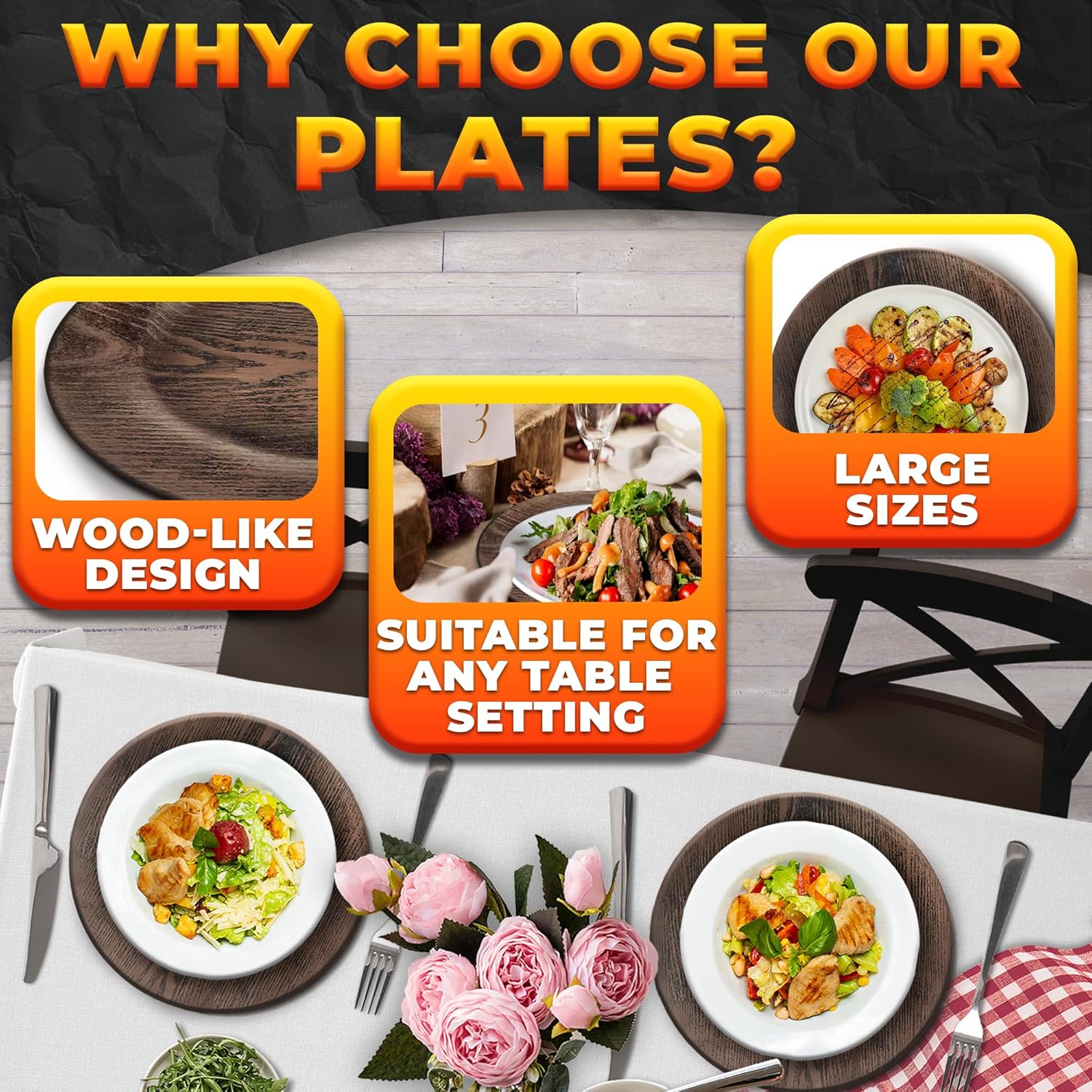 Four 13-inch faux wood plastic charger plates for rustic Easter and wedding decor. - Image 4