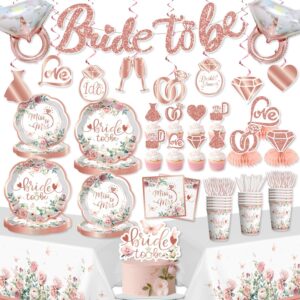 191-piece rose gold bachelorette set with tableware, banner, tablecloth, and cake toppers.