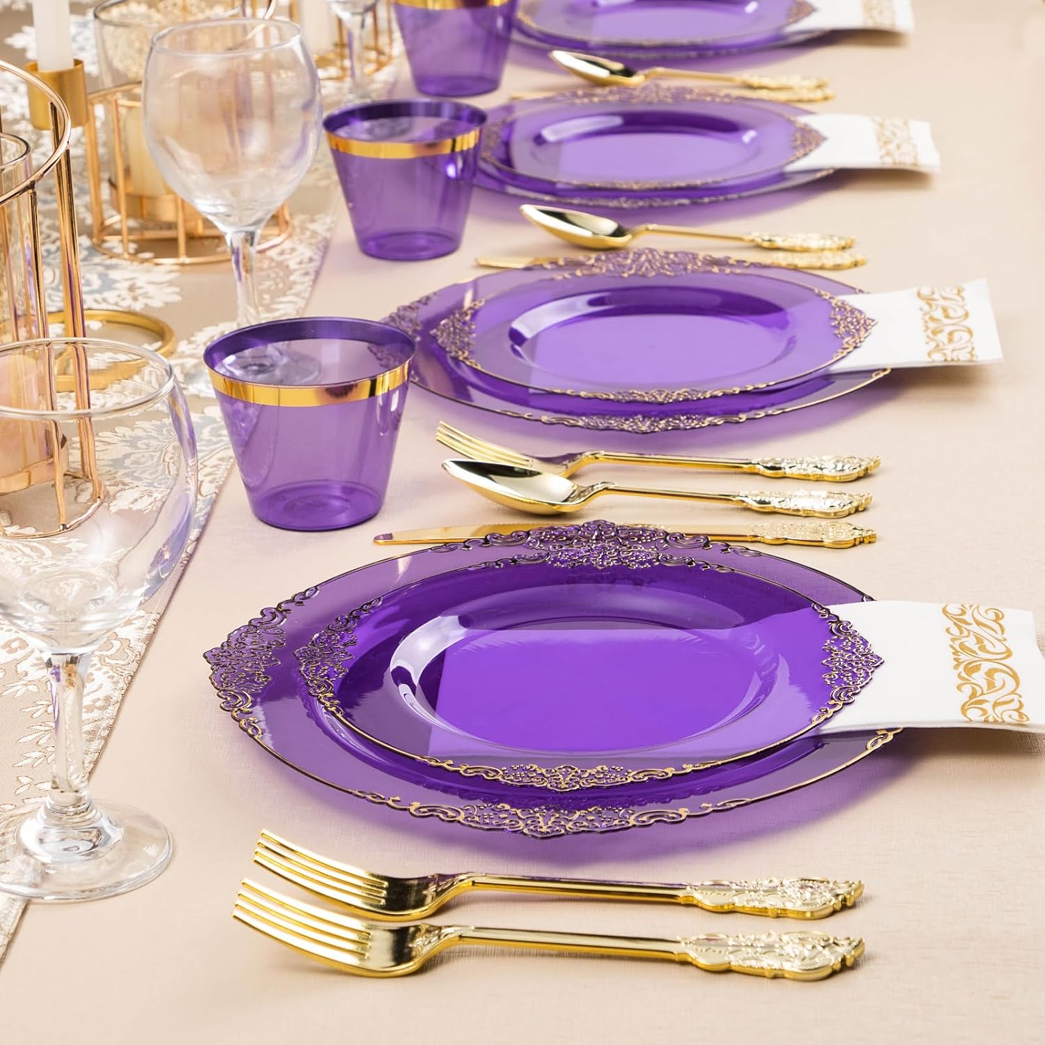 175-piece clear purple and gold disposable dinnerware set for twenty-five party guests. - Image 3