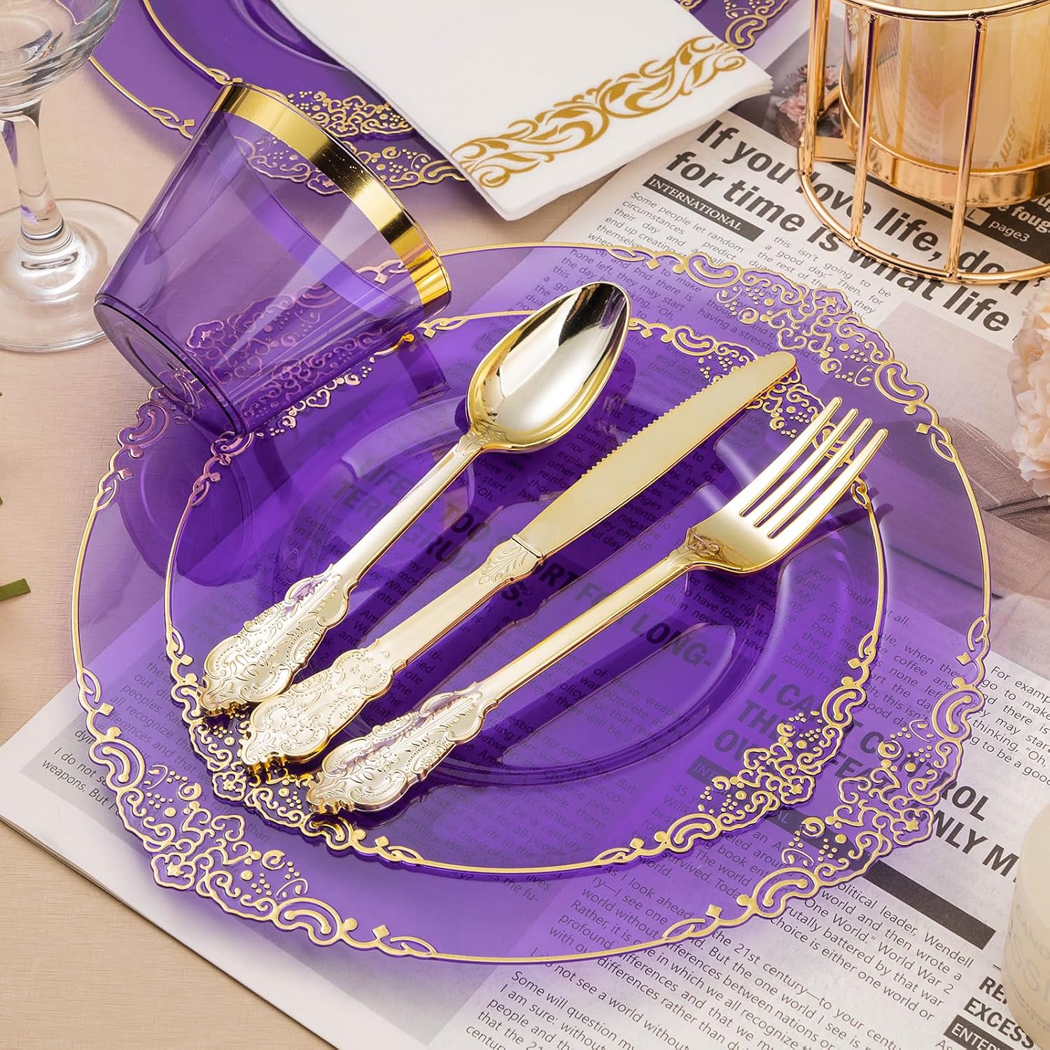 175-piece clear purple and gold disposable dinnerware set for twenty-five party guests. - Image 4