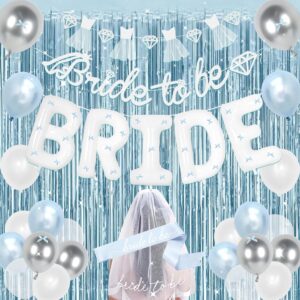 Blue bachelorette set with banner, tiara, sash, veil, curtains, and matching balloons.