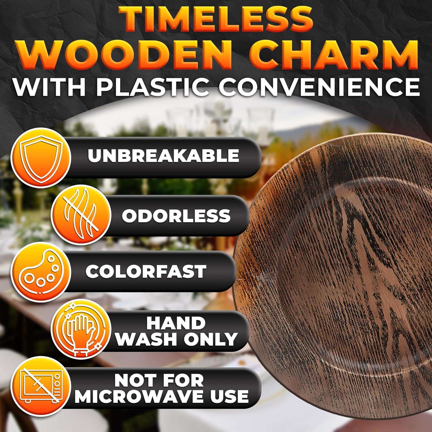 Four 13-inch faux wood plastic charger plates for rustic Easter and wedding decor. - Image 2