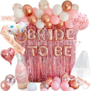 62-piece rose gold bridal shower set with banner, balloons, sash, and veil.