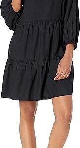 Womens Ruffle-Neck Tiered Mini Dress Loose Pockets