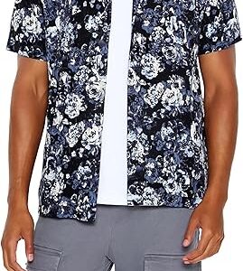 Men's Rose Print Shirt Long Sleeve Button Up Casual