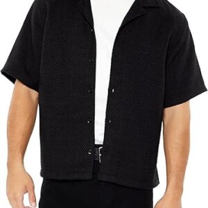 Men's Boxy Cropped Boucle Shirt Textured Short Sleeve Button Up