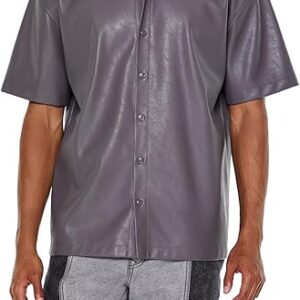 Men's Faux Leather Boxy Shirt Short Sleeve Button Up