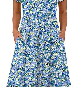 Women Floral A Line Midi Dress Casual Summer T Shirt Sundress Pockets