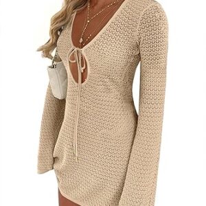 Women Crochet Swimsuit Cover Up V Neck Mesh Knit Beach Dress