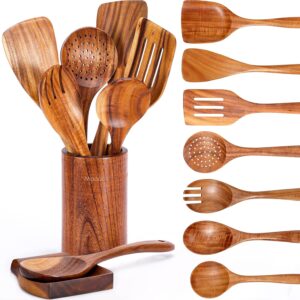 9-Piece Teak Wooden Kitchen Utensils Set Spoon Rest