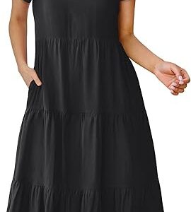 Women Summer V Neck Midi Dress Casual Short Sleeve Boho Beach