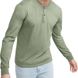 Mens Long Sleeve Cotton Henley T Shirt Casual Button Neck Tee