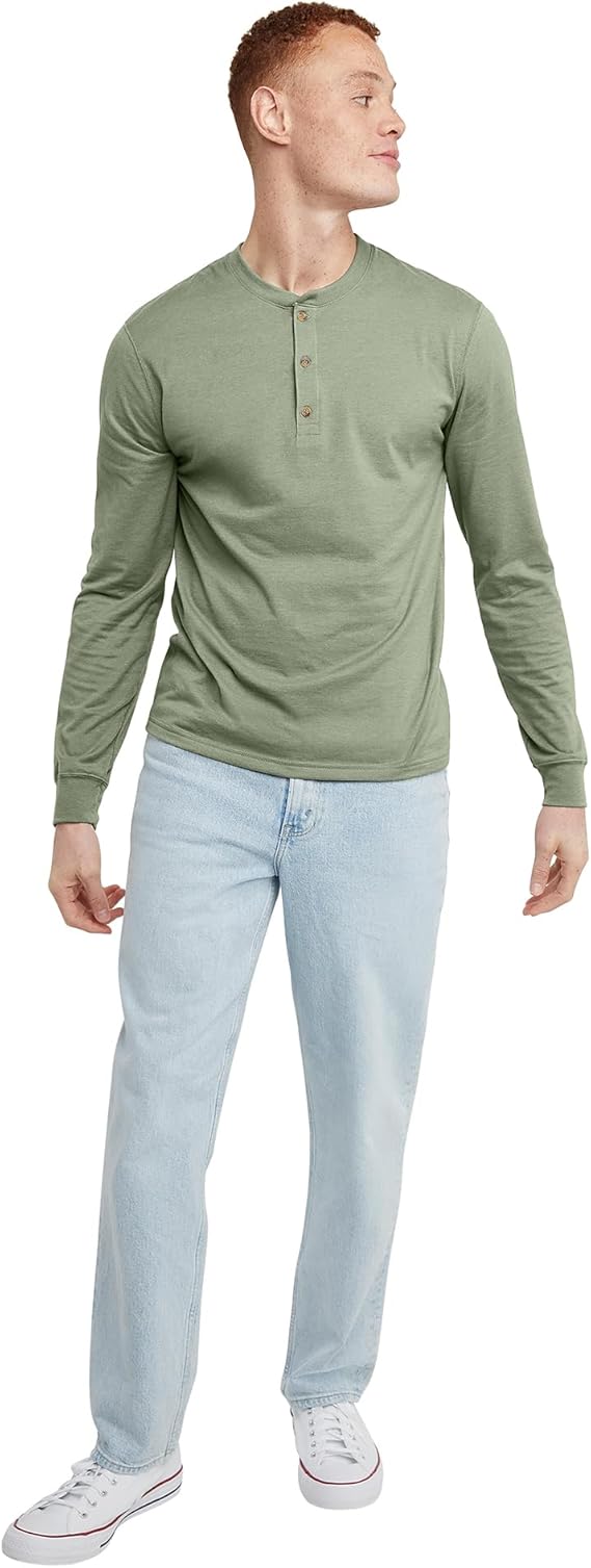 Mens Long Sleeve Cotton Henley T Shirt Casual Button Neck Tee - Image 4