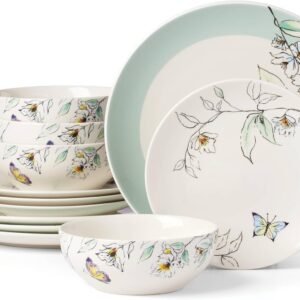 12-Piece Porcelain Dinnerware Set Service For 4 Plates Bowls Microwave Dishwasher Safe Green