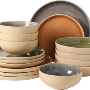16-Piece Stoneware Dinnerware Set Service For 4 Reactive Glaze Plates Bowls Mugs Round