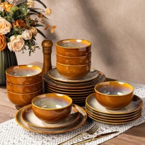 24-Piece Stoneware Dinnerware Set Service For 8 Handmade Reactive Glaze Scratch Resistant Microwave Safe Kahki